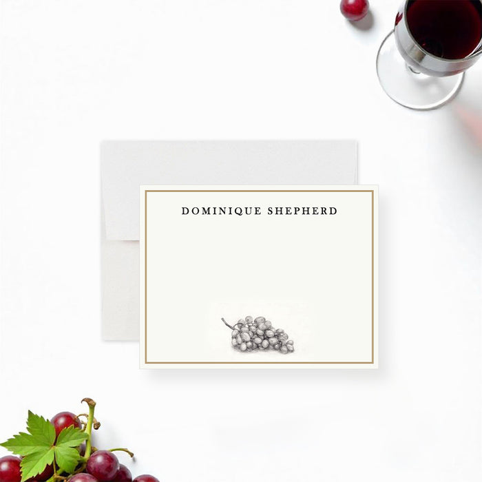 Personalized wine note card featuring a grape illustration and custom name, perfect for wine-themed party favors.-front