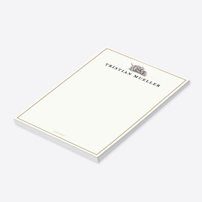 Personalized notepad featuring a grape illustration and custom name, perfect as an elegant stationery gift or party favor for wine enthusiasts.-side