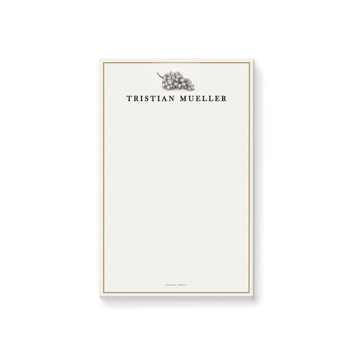 Personalized notepad featuring a grape illustration and custom name, perfect as an elegant stationery gift or party favor for wine enthusiasts.