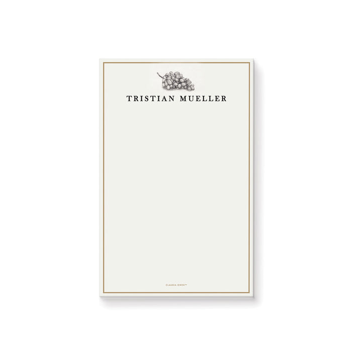 Personalized notepad featuring a grape illustration and custom name, perfect as an elegant stationery gift or party favor for wine enthusiasts.