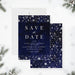 Elegant save the date card featuring a snowflake design, ideal for setting the tone for a refined winter celebration.-front-back