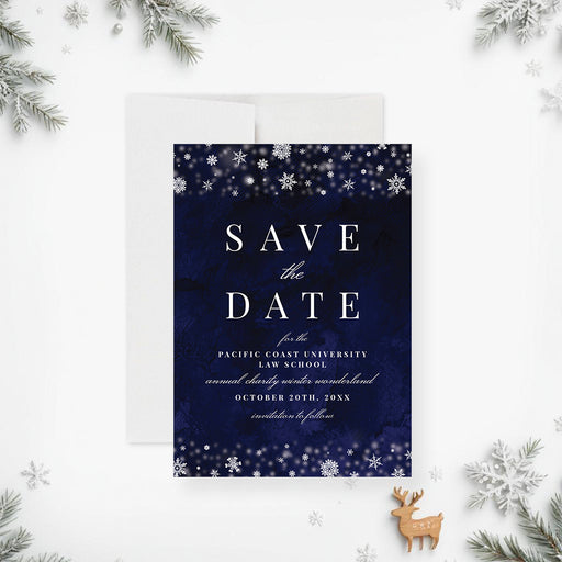 Elegant save the date card featuring a snowflake design, ideal for setting the tone for a refined winter celebration.-front