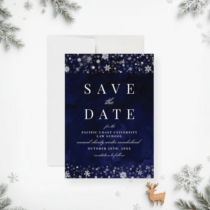 Elegant save the date card featuring a snowflake design, ideal for setting the tone for a refined winter celebration.-front
