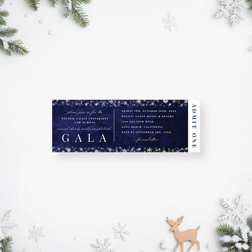 Ticket-style invitation featuring a snowflake design, a personalized entry ticket for a formal winter gala or holiday celebration.