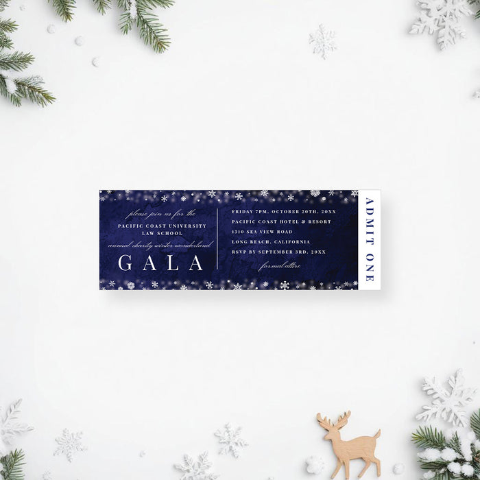 Ticket-style invitation featuring a snowflake design, a personalized entry ticket for a formal winter gala or holiday celebration.