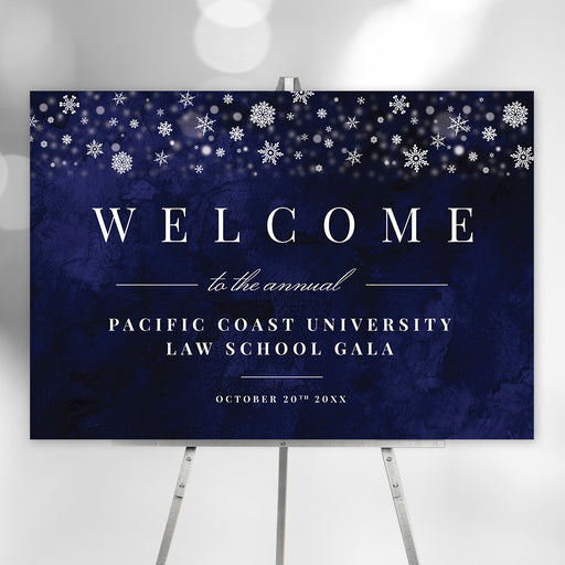 Winter gala welcome sign featuring an elegant snowflake design, perfect for guiding guests and enhancing seasonal event décor.