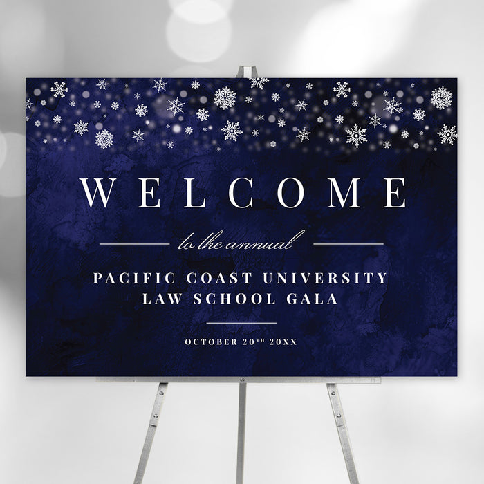 Winter gala welcome sign featuring an elegant snowflake design, perfect for guiding guests and enhancing seasonal event décor.