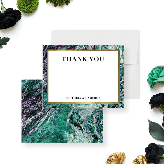 Emerald green agate marble wedding thank you card with gold frame and personalized couple’s names.-front-back