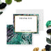 Emerald green agate marble wedding thank you card with gold frame and personalized couple’s names.-front-back