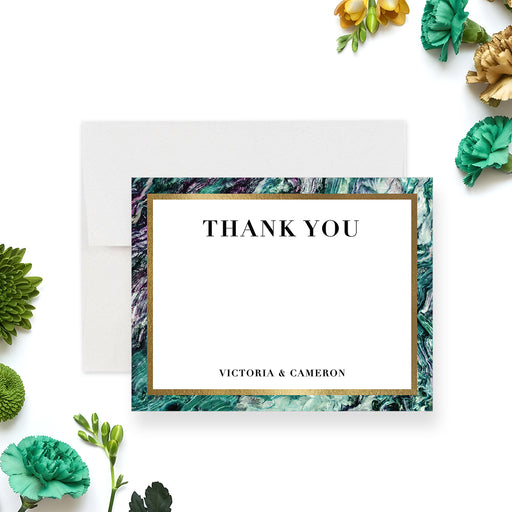 Emerald green agate marble wedding thank you card with gold frame and personalized couple’s names.-front