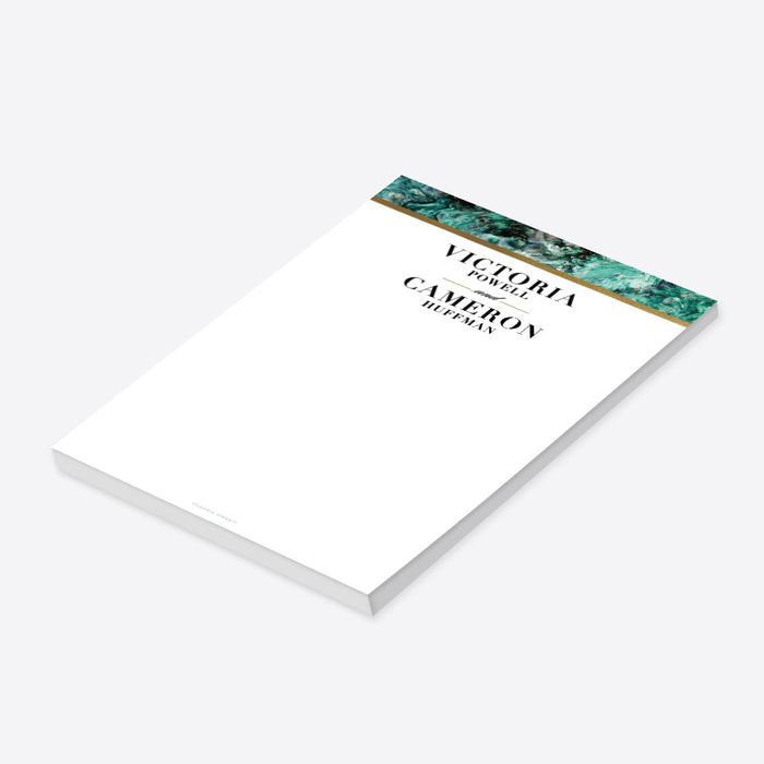 Personalized emerald green marble wedding notepad with elegant gold detail-side