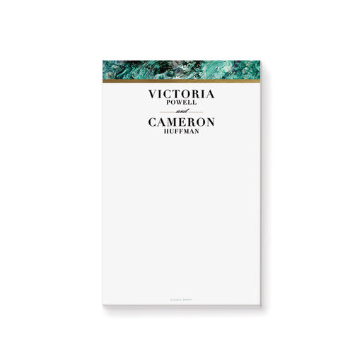 Personalized emerald green marble wedding notepad with elegant gold detail