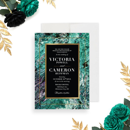 Emerald green marble wedding invitation with a gold frame and a black center panel, personalized for a formal wedding ceremony.-front