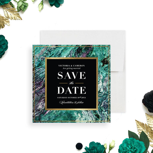 Emerald green marble wedding save the date card with an agate-inspired design and elegant gold accents-front