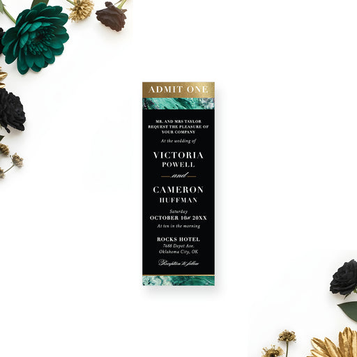 Emerald green marble wedding ticket invitation with gold accents and an agate-stone design, personalized for a formal wedding ceremony.