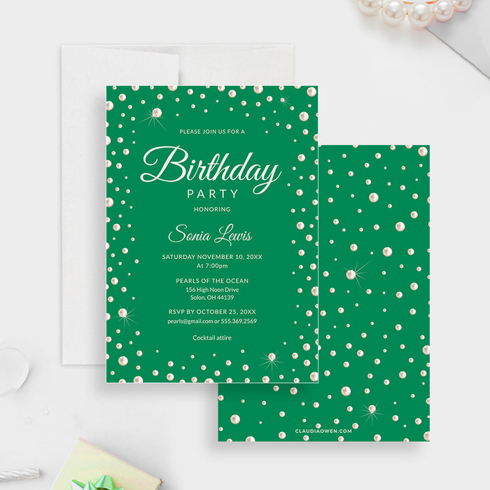 Emerald Green Pearl Birthday Party Invitation Template