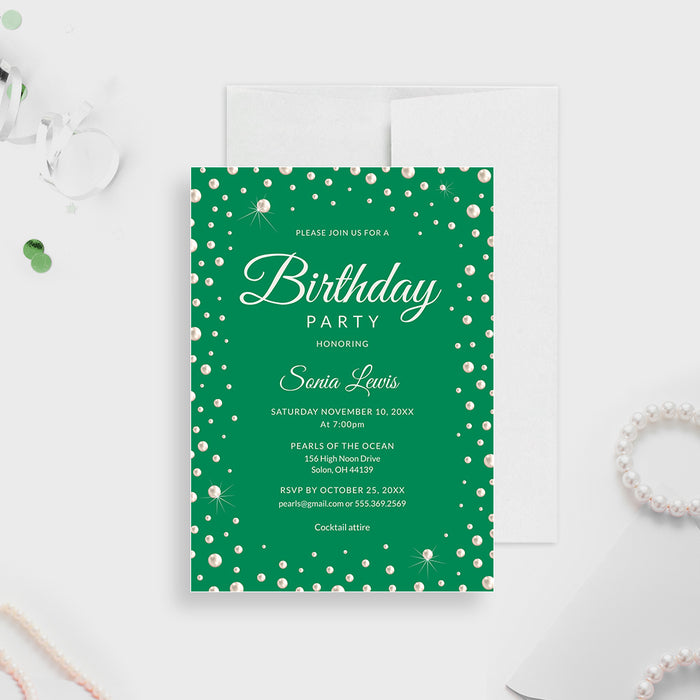 green birthday party invitation template with pearl-inspired accents, elegant script lettering, and customizable event details