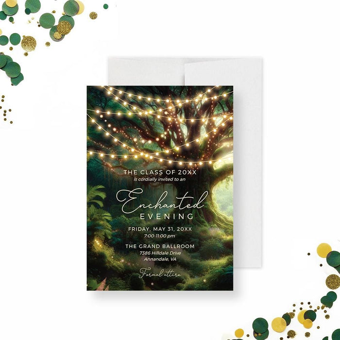 Enchanted forest evening digital invitation featuring glowing string lights and woodland background