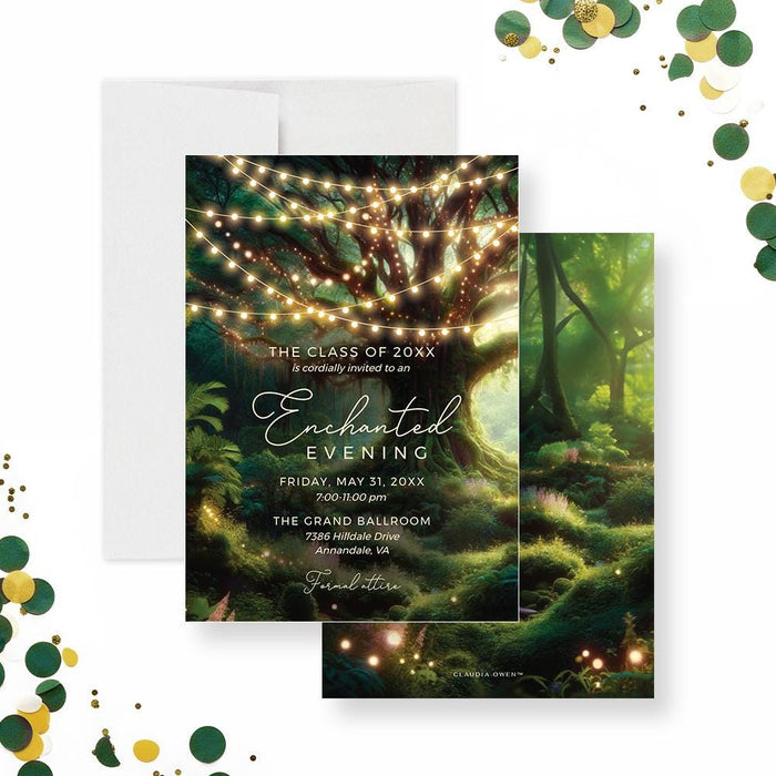 Digital Enchanted Evening invitation featuring glowing string lights on a forest tree background, elegant prom or class formal design.
