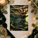 Enchanted forest prom invitation with glowing string lights, lush trees, and magical woodland evening theme-front