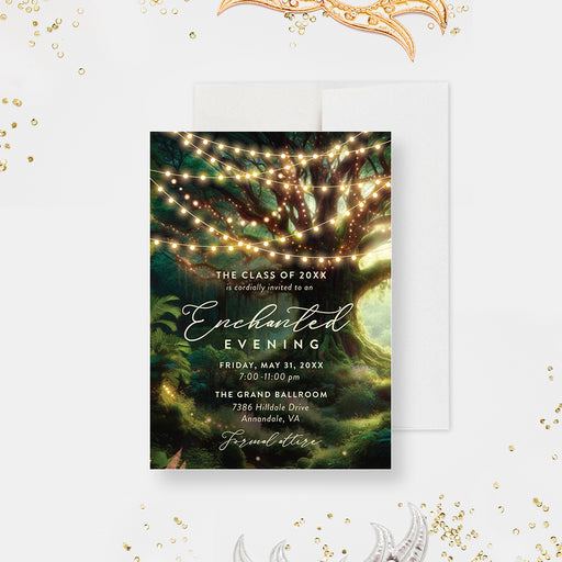 Enchanted forest prom invitation with glowing string lights, lush trees, and magical woodland evening theme-front