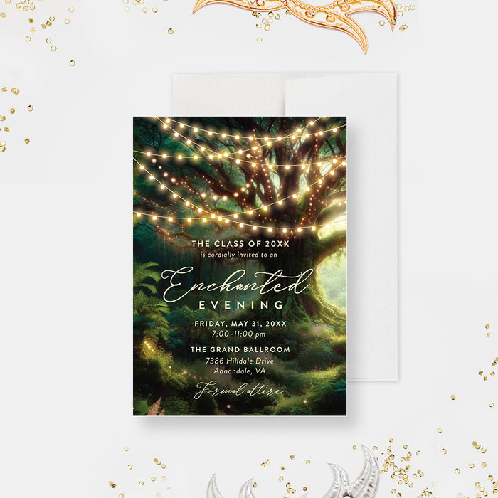 Enchanted forest prom invitation with glowing string lights, lush trees, and magical woodland evening theme-front