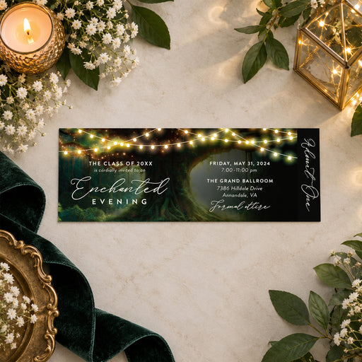 Enchanted forest prom ticket invitation with glowing string lights and elegant woodland scene