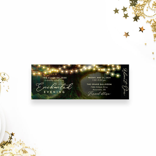 Enchanted forest prom ticket invitation with glowing string lights and elegant woodland scene