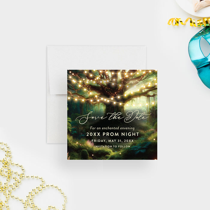 Enchanted forest save the date card with glowing string lights and magical woodland background for prom night-front