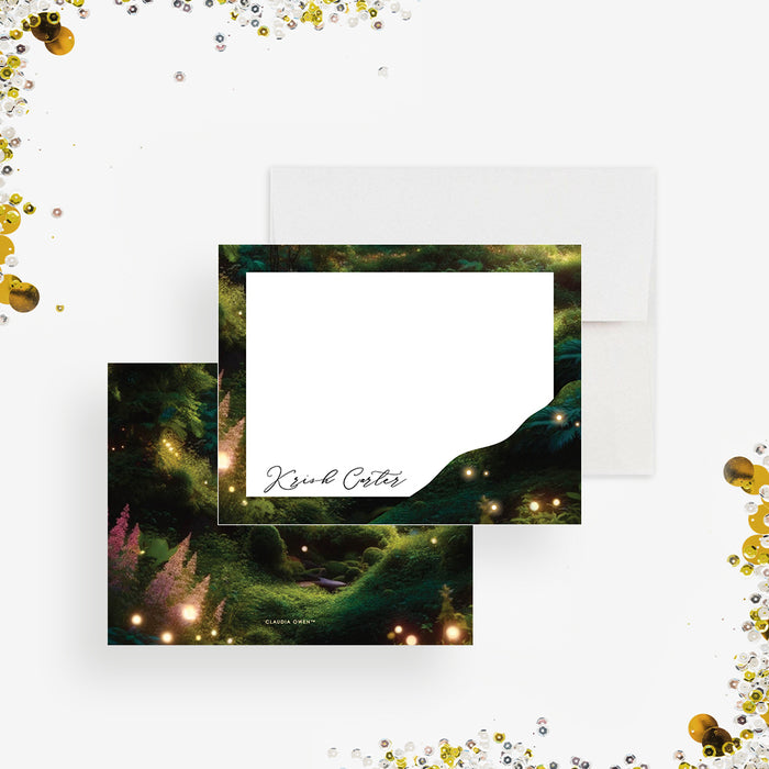 Personalized enchanted forest thank you note card with glowing woodland lights and greenery border-front-back
