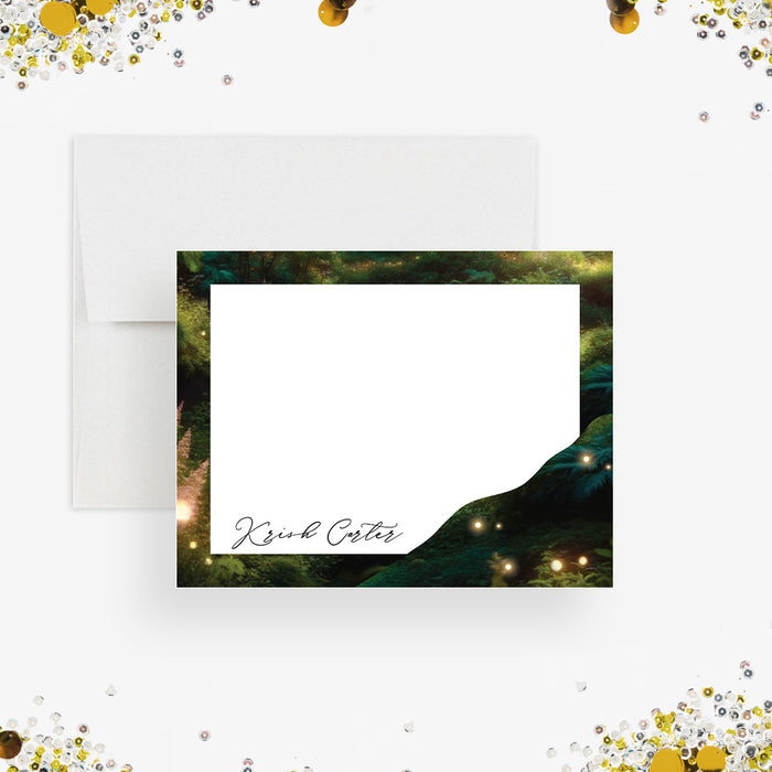 Personalized enchanted forest thank you note card with glowing woodland lights and greenery border-front