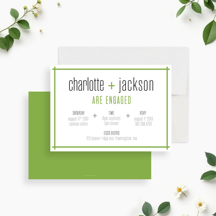 Modern engagement invitation card with green border and clean layout-front-back