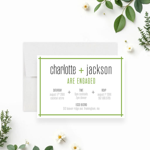Modern engagement invitation card with green border and clean layout-front