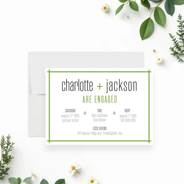 Modern engagement invitation card with green border and clean layout-front