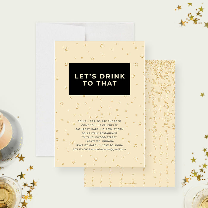 Champagne bubbles engagement party invitation with Let’s Drink to That headline and modern bubbly background, perfect for a fun birthday celebration.-front-back