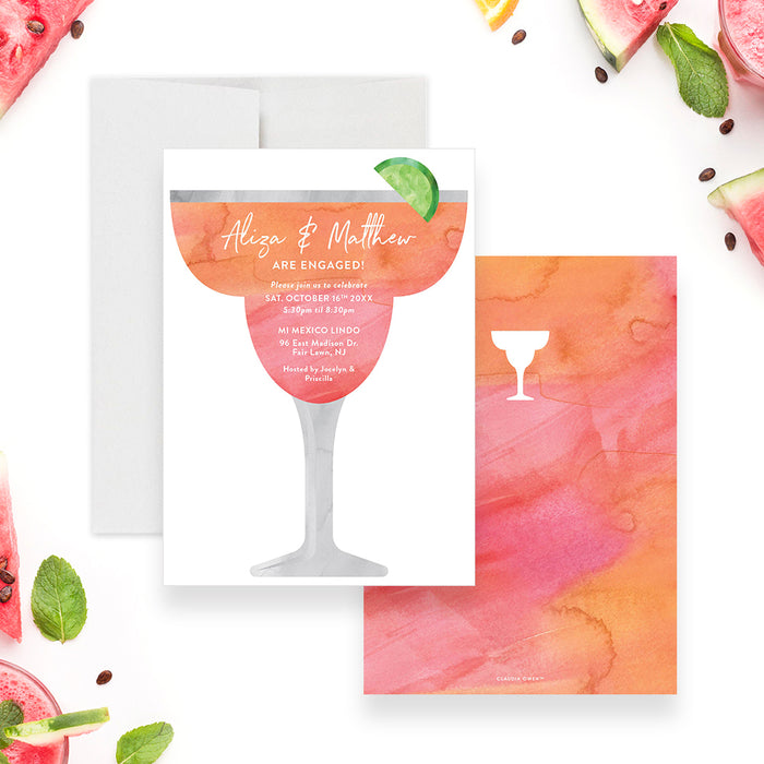 Modern engagement party invitation featuring a margarita drink and lime illustration-front-back
