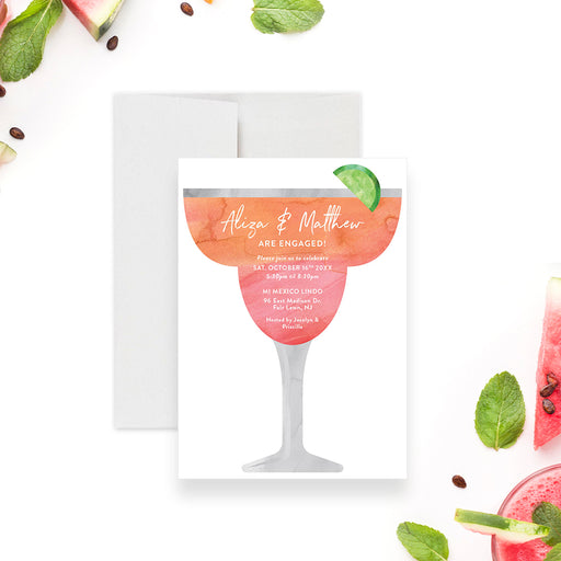 Modern engagement party invitation featuring a margarita drink and lime illustration-front