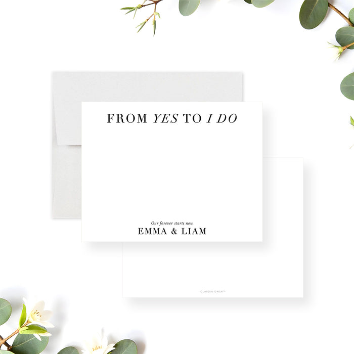 Personalized romantic wedding thank you card with “From Yes to I Do” text-front-back