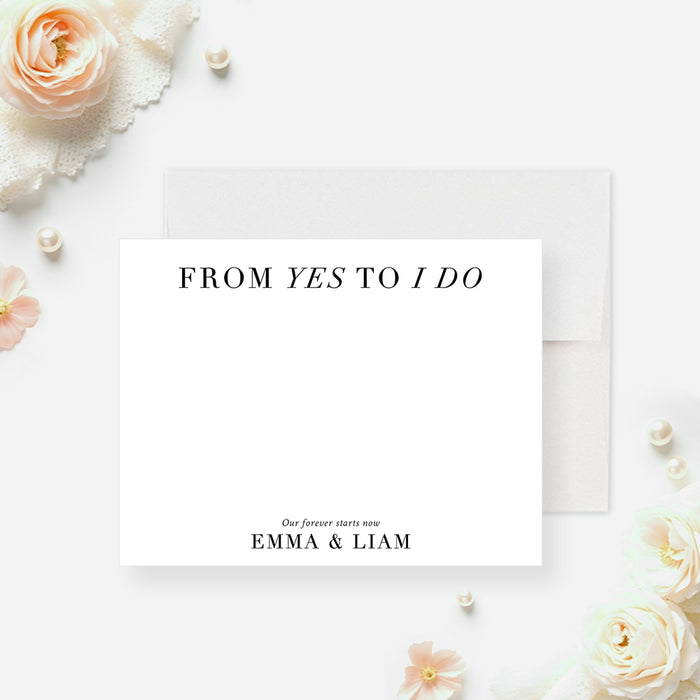 Personalized romantic wedding thank you card with “From Yes to I Do” text-front