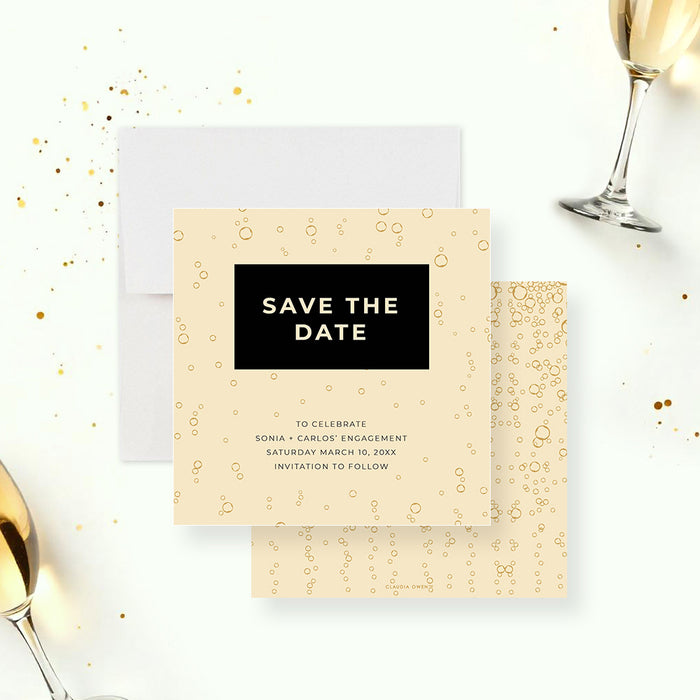 Elegant champagne bubbles save the date card with a black title box, customizable for engagements, weddings, or milestone events.-front-back