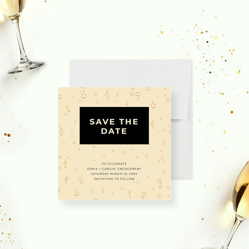 Elegant champagne bubbles save the date card with a black title box, customizable for engagements, weddings, or milestone events.-front