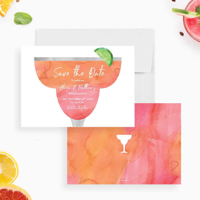 Engagement party save the date card featuring a margarita cocktail and lime design-front-back