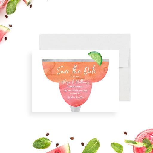 Engagement party save the date card featuring a margarita cocktail and lime design-front