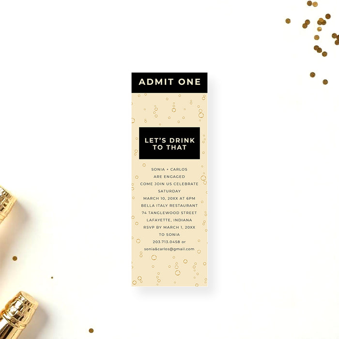 Champagne-themed ticket-style engagement party invitation with bubbly background and “Let’s Drink to That” text, customizable for weddings, birthdays, and champagne celebrations.