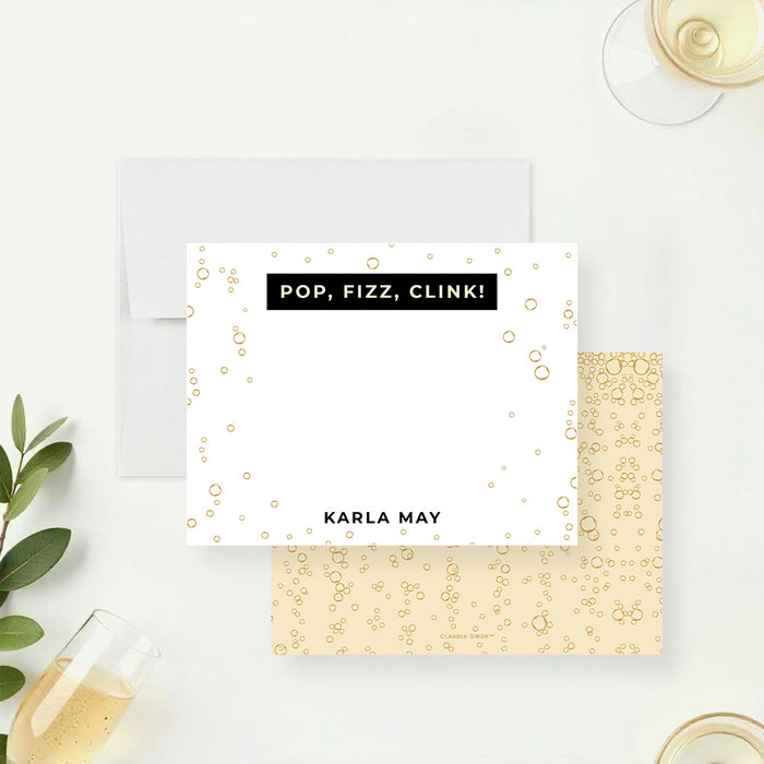 Personalized note card with playful bubbly accents and “POP, FIZZ, CLINK!” text, custom name, perfect for champagne celebrations.-front-back