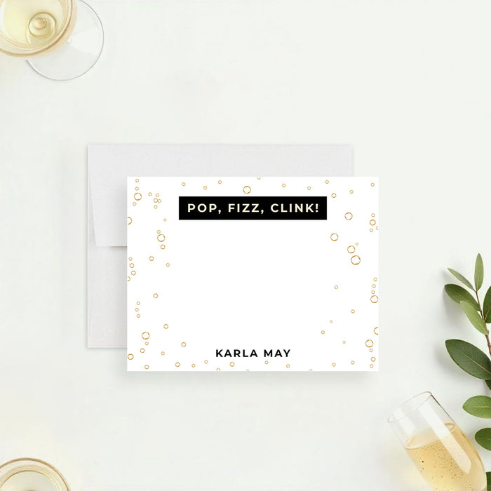 Personalized note card with playful bubbly accents and “POP, FIZZ, CLINK!” text, custom name, perfect for champagne celebrations.-front