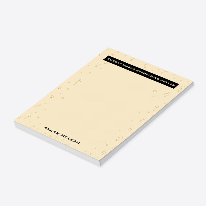 Elegant champagne bubble notepad featuring “Bubbly Makes Everything Better” and a personalized name. Chic stationery for champagne enthusiasts.-side