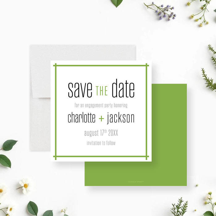 Modern green engagement save the date card with personalized names and minimalist design-front-back