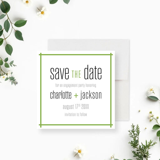 Modern green engagement save the date card with personalized names and minimalist design-front