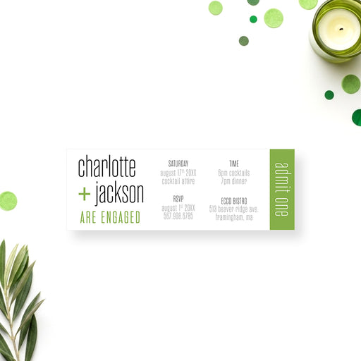 Green engagement party ticket invitation modern minimalist admit one design couple celebration invite